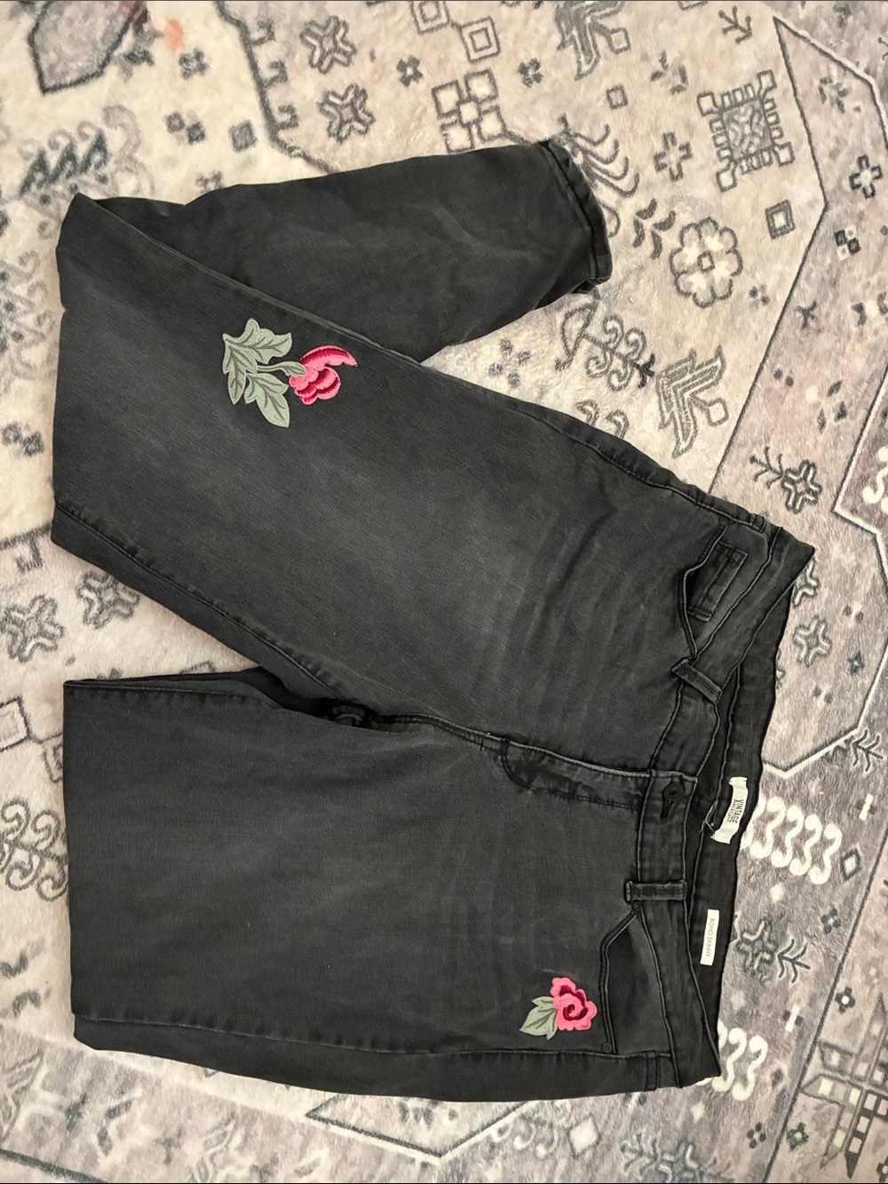 Women’s Black Jeans with Pink Rose Embroidery